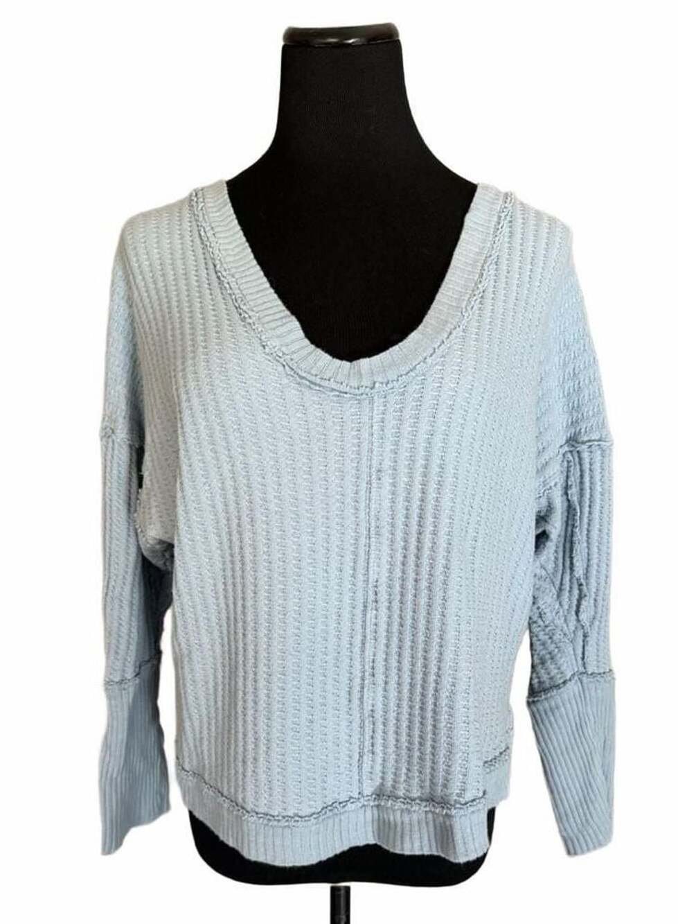 896 We The Free Thermal Sweater Size Medium Blue V-Neck